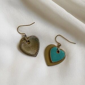 VTG Teal Blue Tan Heart Earrings